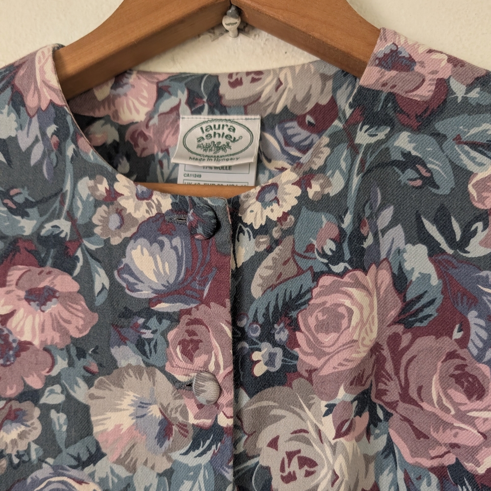 Vintage 80s Laura Ashley Floral Print Long-Sleeve Dress, Cotton/Wool Blend - Picture 5 of 12